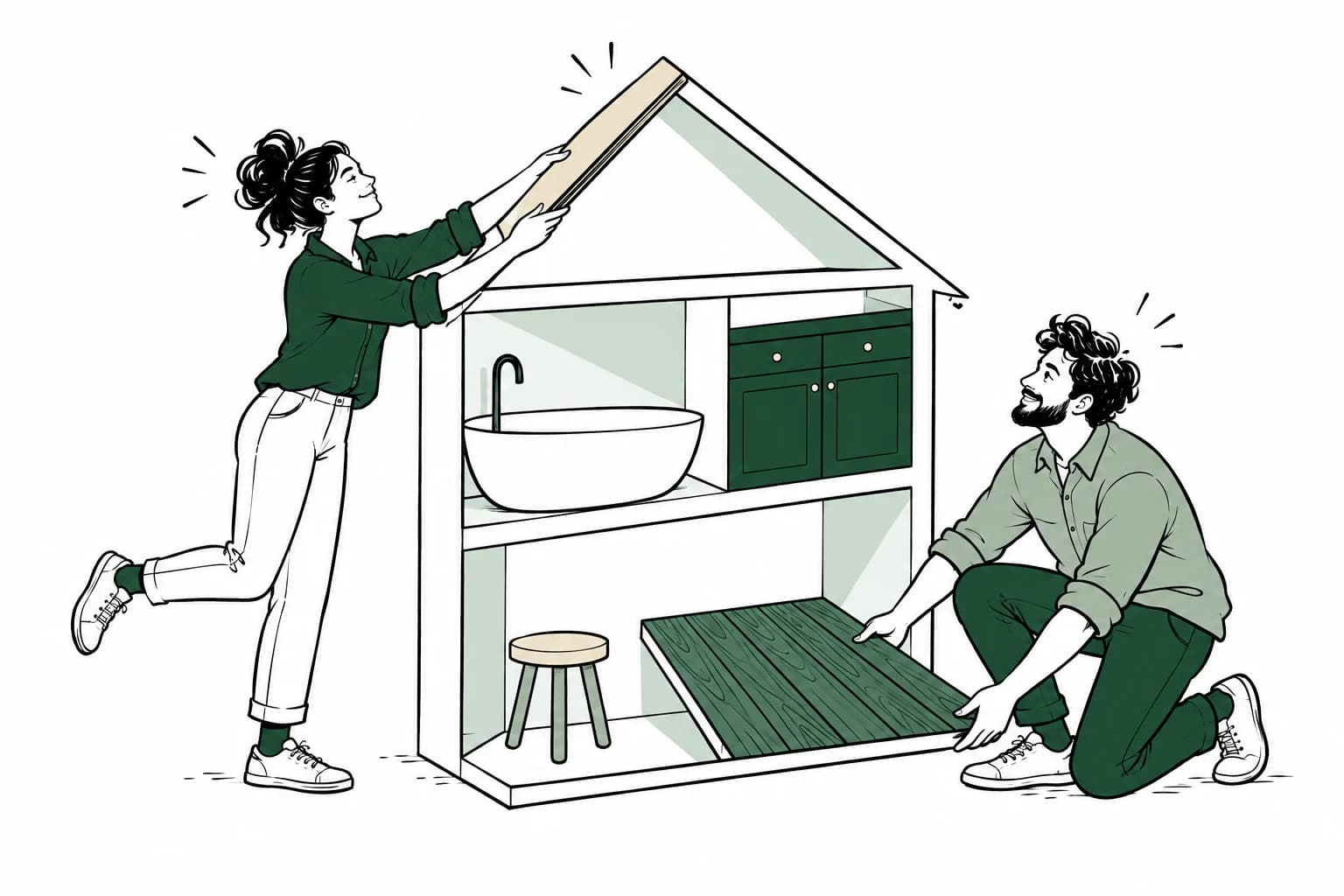 Playful illustration of a couple building their dream home together, with a kitchen, bathroom, and new floors