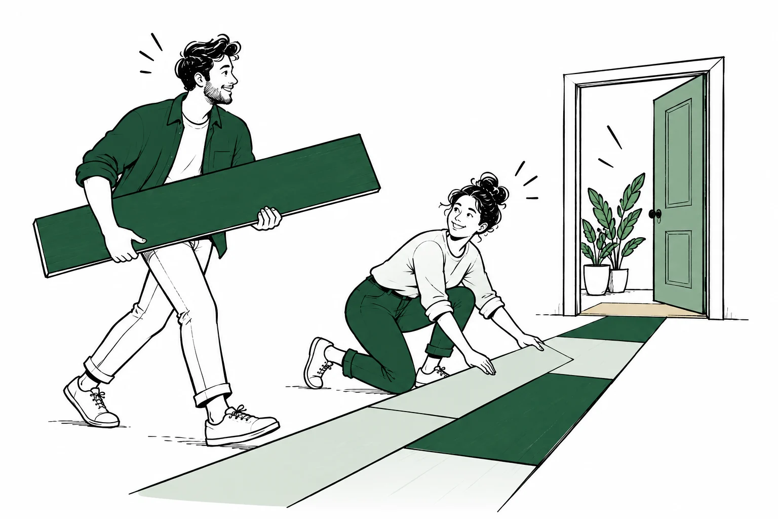 Illustration of two people connecting a path of floorboards to an open doorway